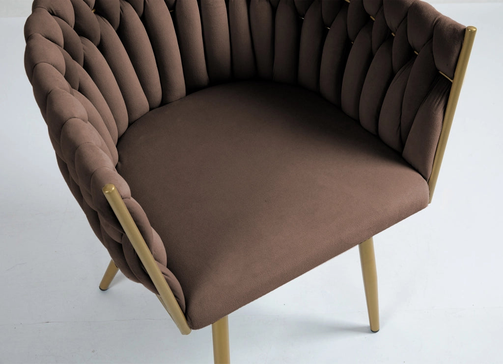 Poltrona Con Schienale In Velluto Intrecciato Design Moderno, Sedia Imbottita Circolare con Gambe in Metallo Placcato Oro Poltroncina  - Marrone