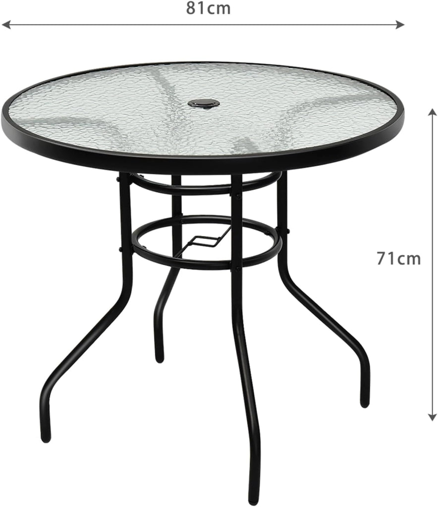 Tavolino Esterno in Metallo e Vetro, Tavolino da Bistro con Foro per Ombrellone 4 cm, Tavolo per Giardino Balcone Cortile, Portata 75 kg (81 x 71 cm)