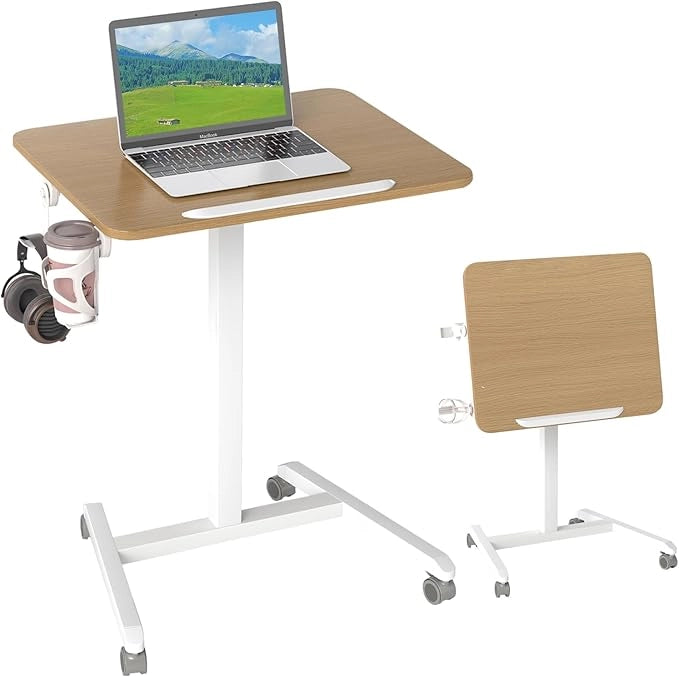 Tavolo Pieghevole per Laptop su Ruote con Piano Inclinabile a 90°, Tavolino Regolabile in Altezza e Portatile con Gancio & Portabicchiere per Divano e Letto