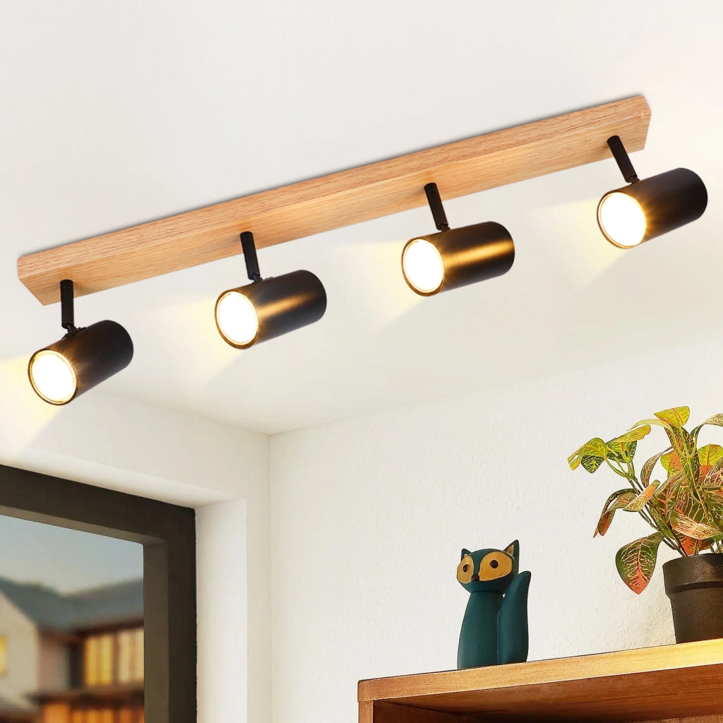 ZMH Faretto da soffitto Plafoniera in legno nero 4 fiamme GU10 orientabile 350° vintage