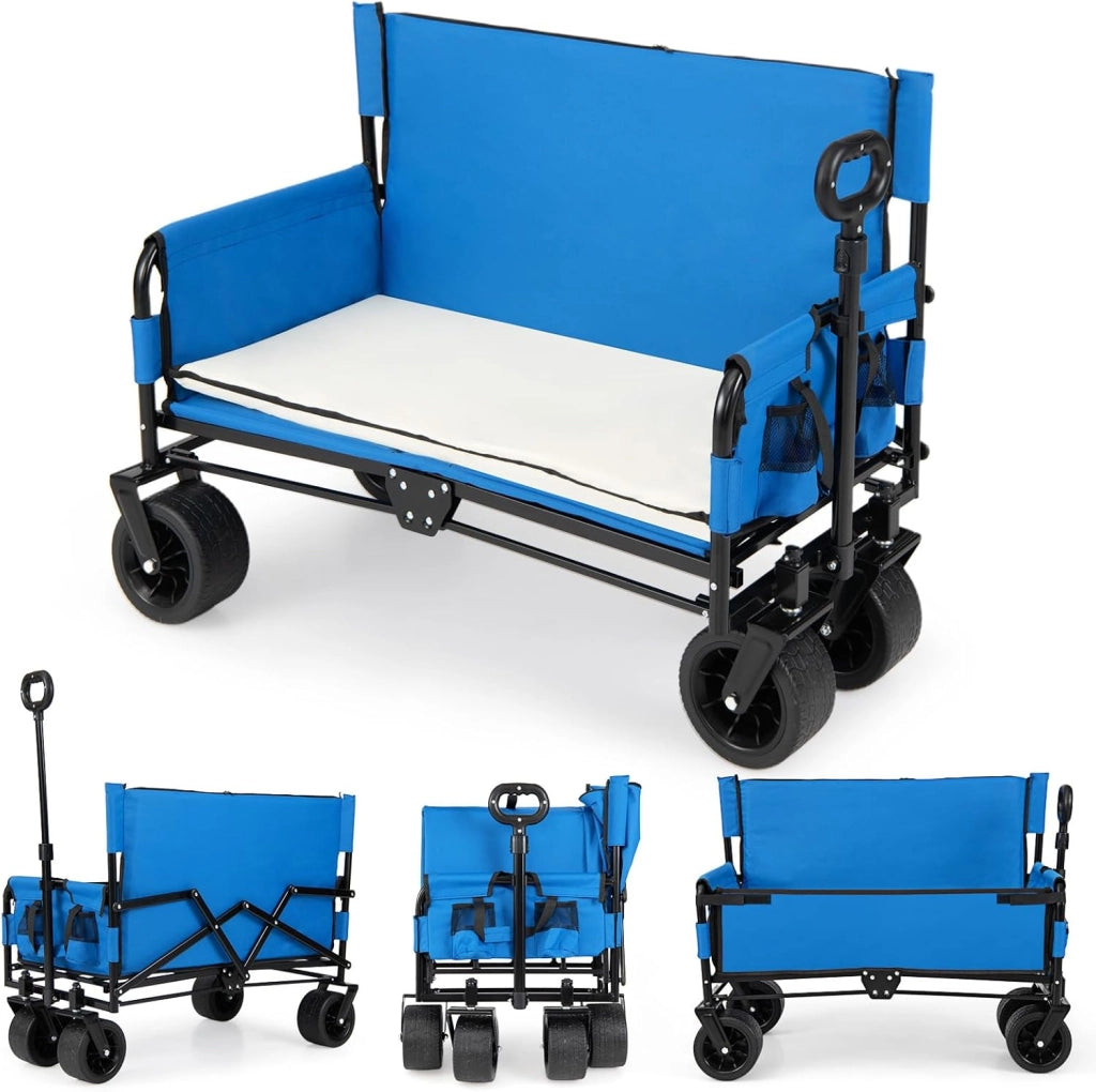 2 in 1 Carrello Pieghevole con Panca, Carrello Trasportabile con Maniglia Regolabile, Cuscini Morbidi e Ruote, Carrello da Giardino in 600D Oxford, 80 kg, 85 L, per Campeggio e Spiaggia (Blu)