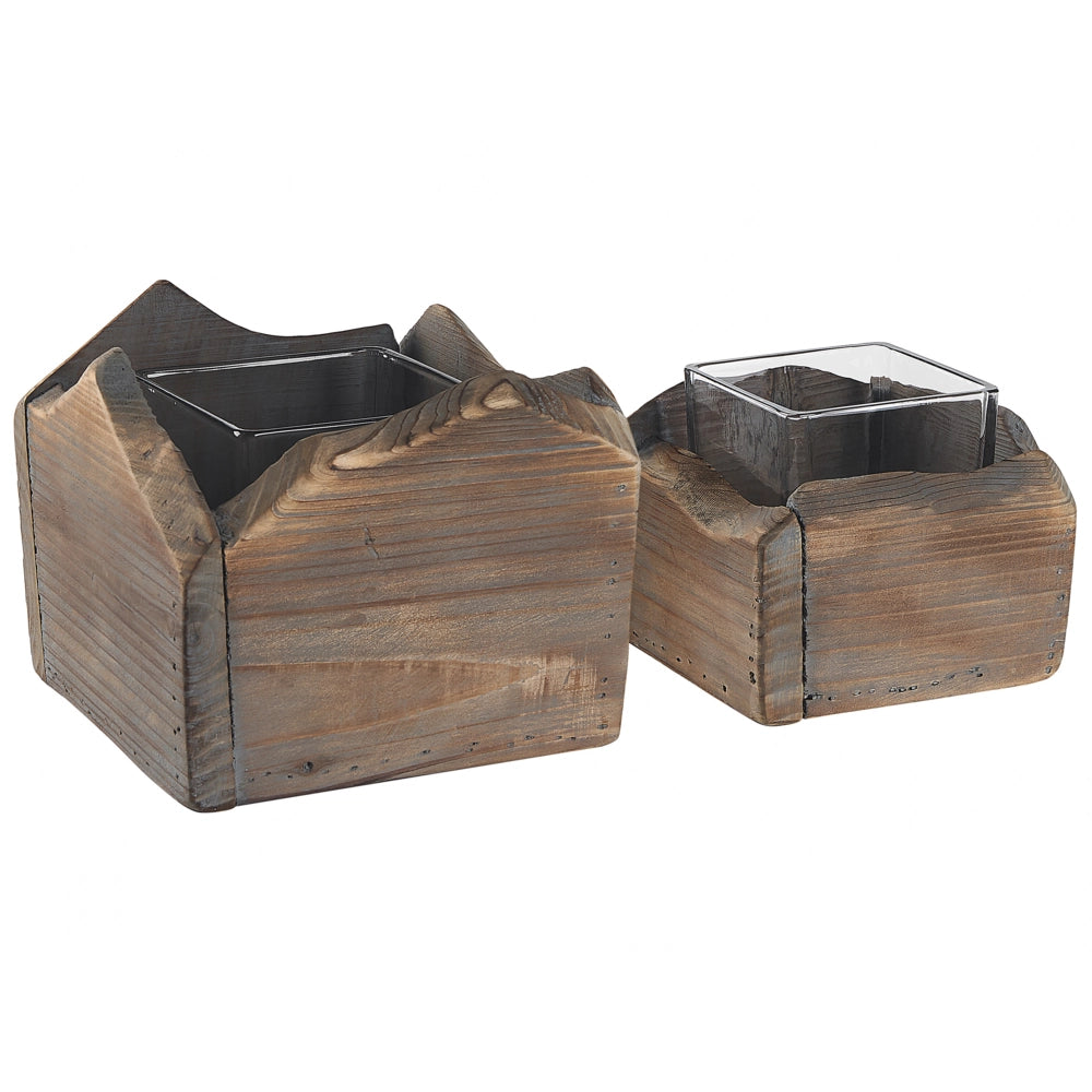 Set di 2 portacandele in marrone scuro effetto anticato fatto a mano naturale rustico