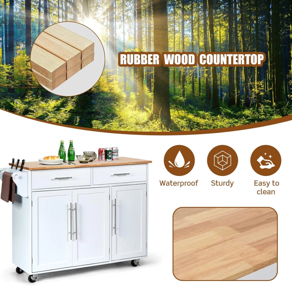 Carrello da Cucina in Legno, Credenza con Ruote, Armadietto Autoportante, Piano in Legno di Gomma, 2 Portaoggetti, 2 Cassetti, 3 Ante, 4 Ruote, per Sistemazione, Bianco, 122x46x92,3 cm