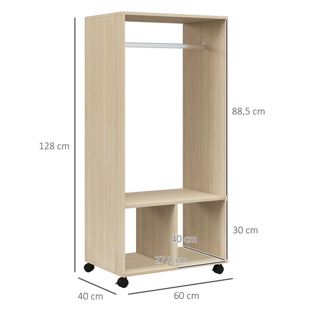 Armadio con ruote, barra appendiabiti e ripiani ¨C zephmum ¨C 60x40x128 cm, colore naturale