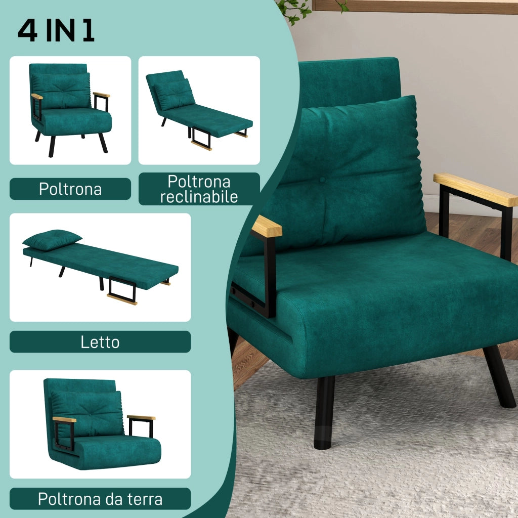 Poltrona Letto Singolo Reclinabile con Cuscino Sfoderabile in Tessuto Effetto Lino Verde