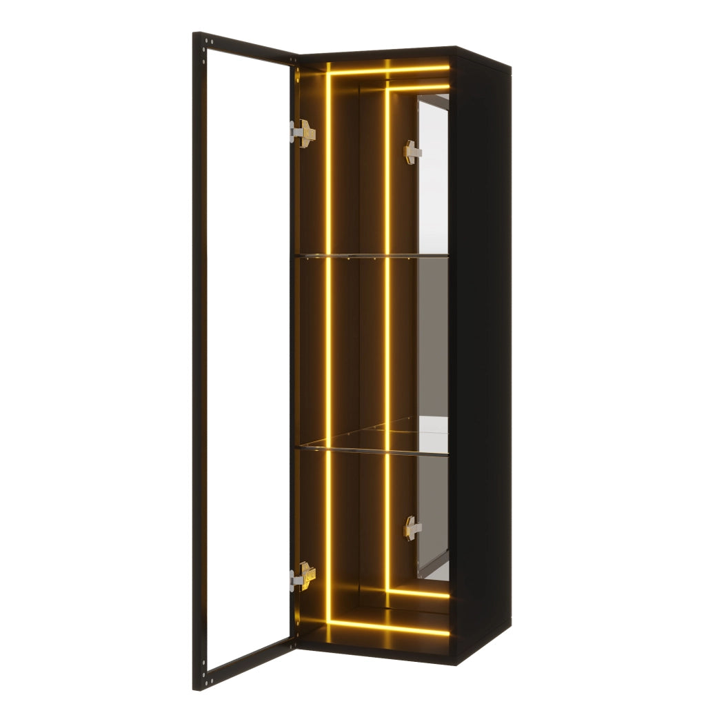 Vetrina in vetro temperato 30 x 30 x 90 cm, colore nero, con profili in alluminio, 3 ripiani e illuminazione LED