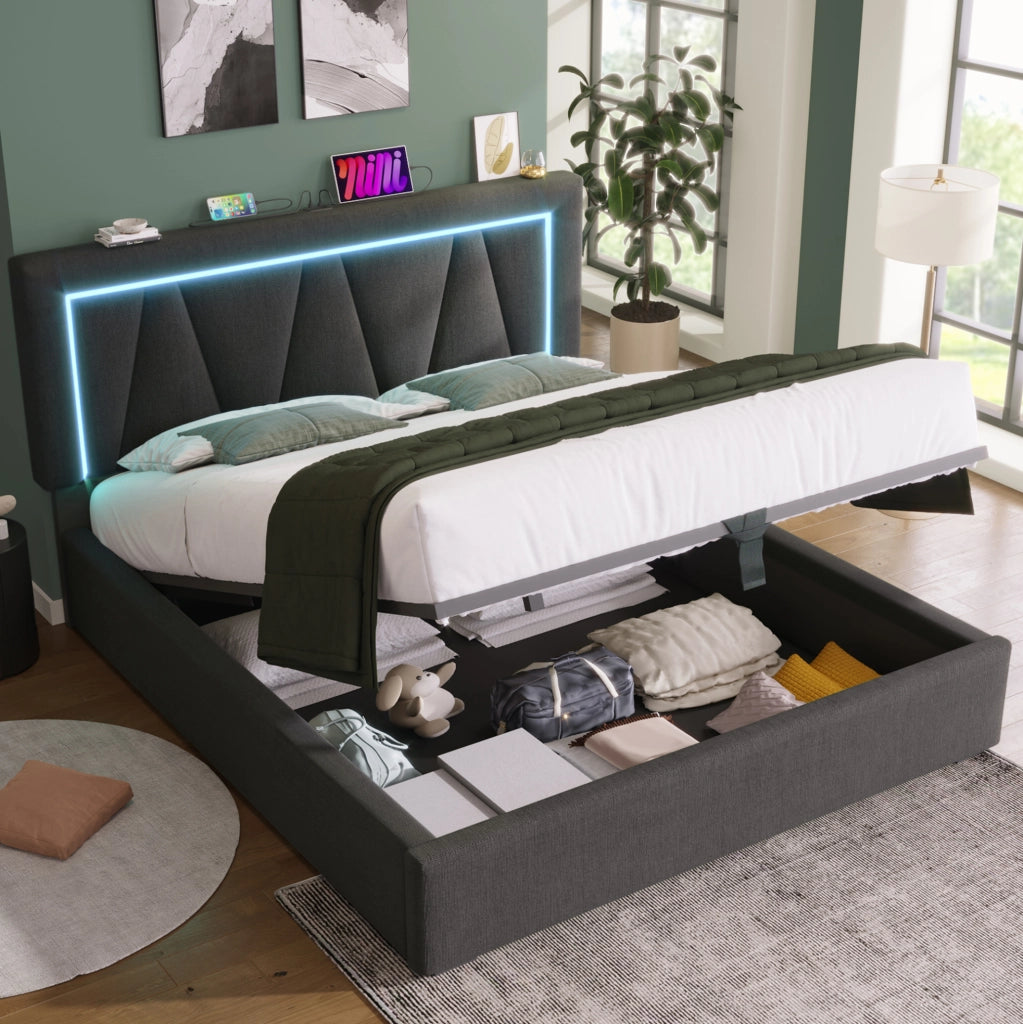 LETTO matrimoniale 140x200 cm in lino grigio con materasso, LED e USB