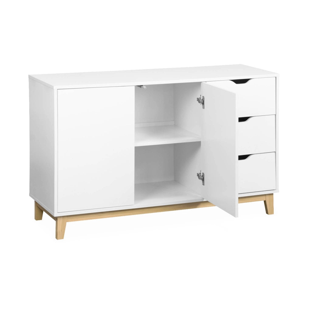 Credenza effetto legno con gambe in legno 2 ante, 120cm, bianco