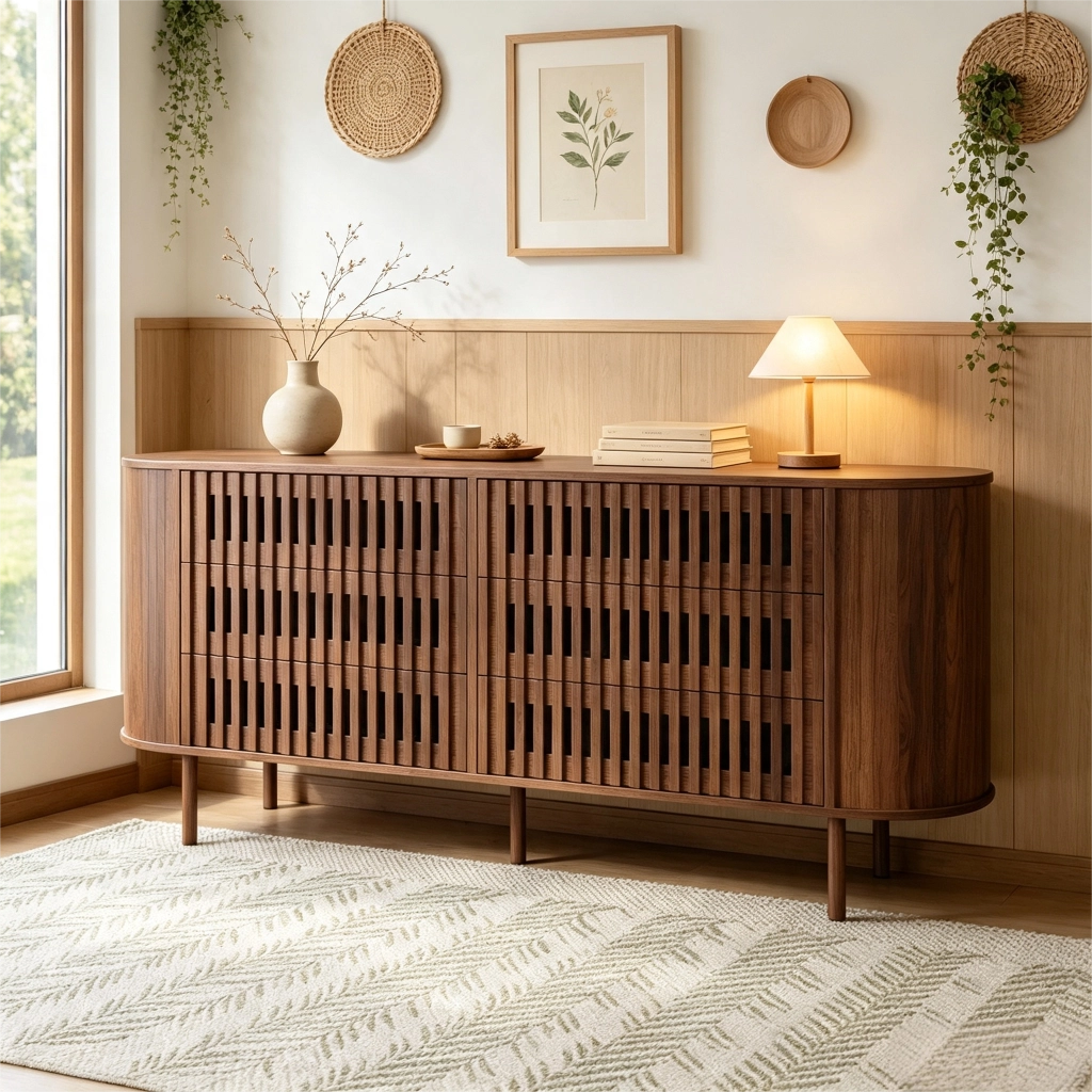 Madia con 6 cassetti e design a lamelle; per soggiorno; in MDF; 160×40×70 cm