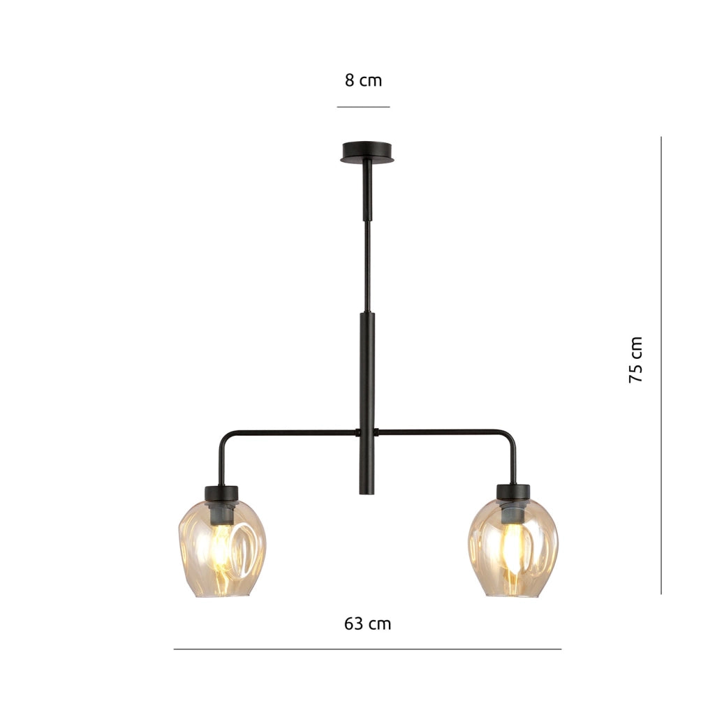 Lampadario Moderno 2 Luci Eritonio In Accaio Nero E Vetro Ambra