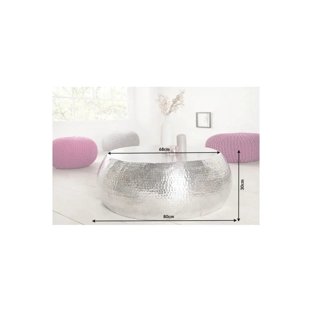 Tavolino basso TRIANE argentato 80 cm – Design in alluminio martellato lucido