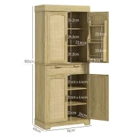 Credenza Cucina Stile Boho con 2 Armadietti, Cassetto e Portaspezie in Legno e Rattan, 76x40x183cm, Rovere