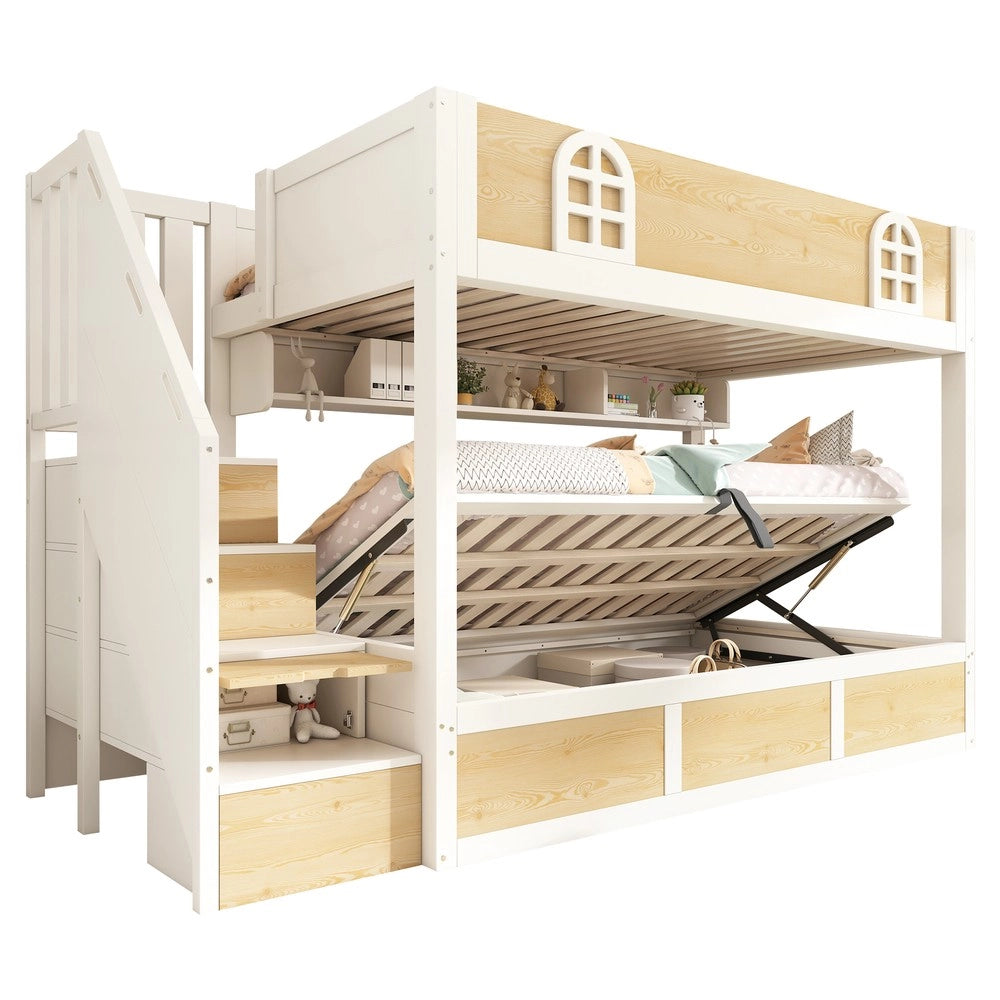 Letto a Castello per Bambini con Scaletta Contenitore ¨C MINIMAL ¨C Bianco/Legno, 90x200, Rete a Doghe