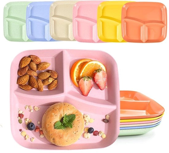 Set di piatti 6 pezzi, verde diviso in plastica, 3 piatti con contenitore, 25*22,5 cm, piatti con contenitore, piatti per adulti, piatti snack con contenitore, piatti in plastica, piatti per controllo delle porzioni