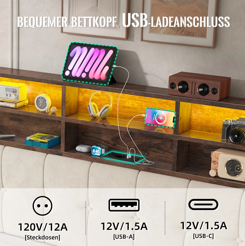 Letto contenitore 180x200 cm in velluto beige con LED e USB-C