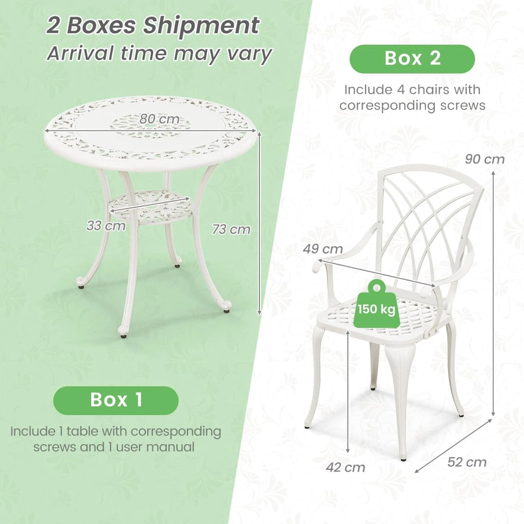 Soggiorno da giardino esterno, tavolo da giardino con sedia in ghisa di alluminio, tavolo da bistrot 5 pezzi per 4 persone, foro dell'ombrellone Dia.5 cm, tavolo rotondo per terrazza, balcone