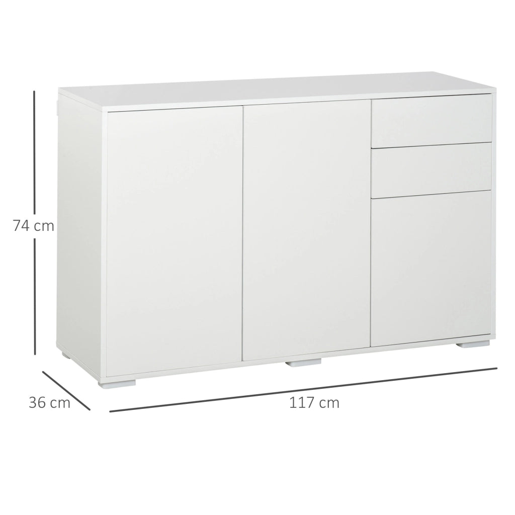 Credenza bianca con 2 cassetti e 3 ante, armadio versatile 117x36x74 cm