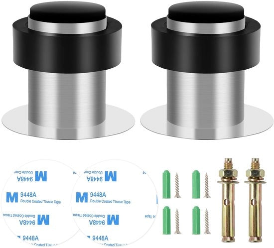 Stoppero Acustico per Porta - Impermeabile - Stoppero per Porta in Acciaio Inossidabile - Nero - Stoppero per Porta Interno/Esterno - Resistente ai Colpi - Incluso Kit di Viti e Adesivo