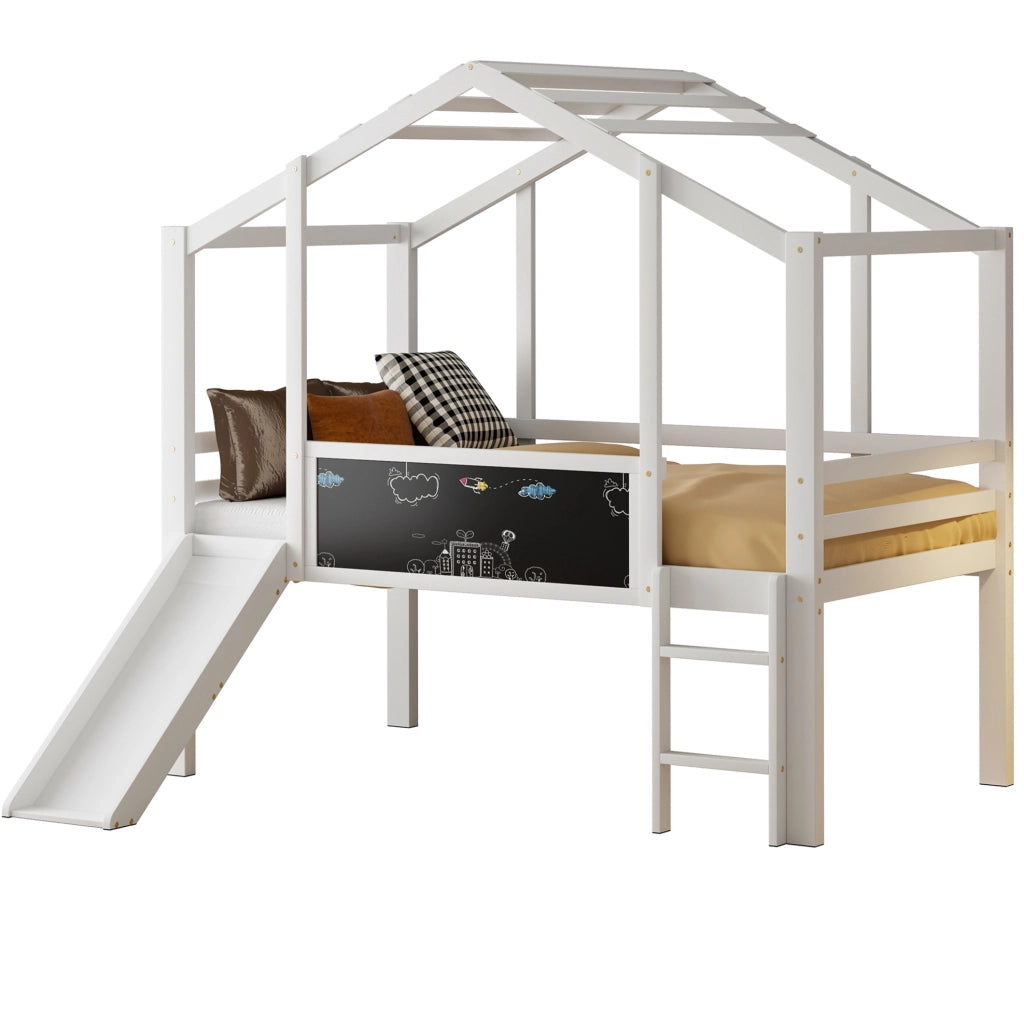 Letto a soppalco per bambini 90x200 cm con scivolo e lavagna