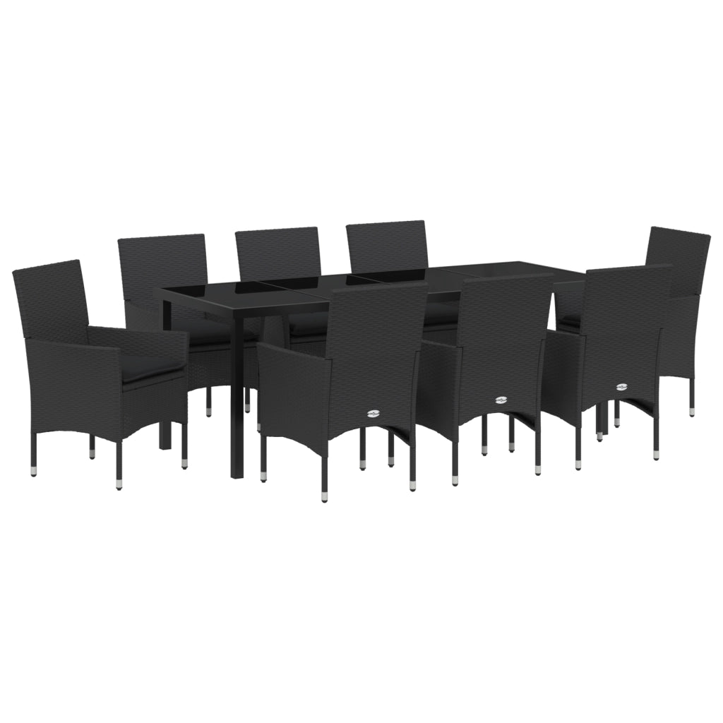 Set da Pranzo per Giardino 9 Pezzi con Cuscini Polyrattan Nero
