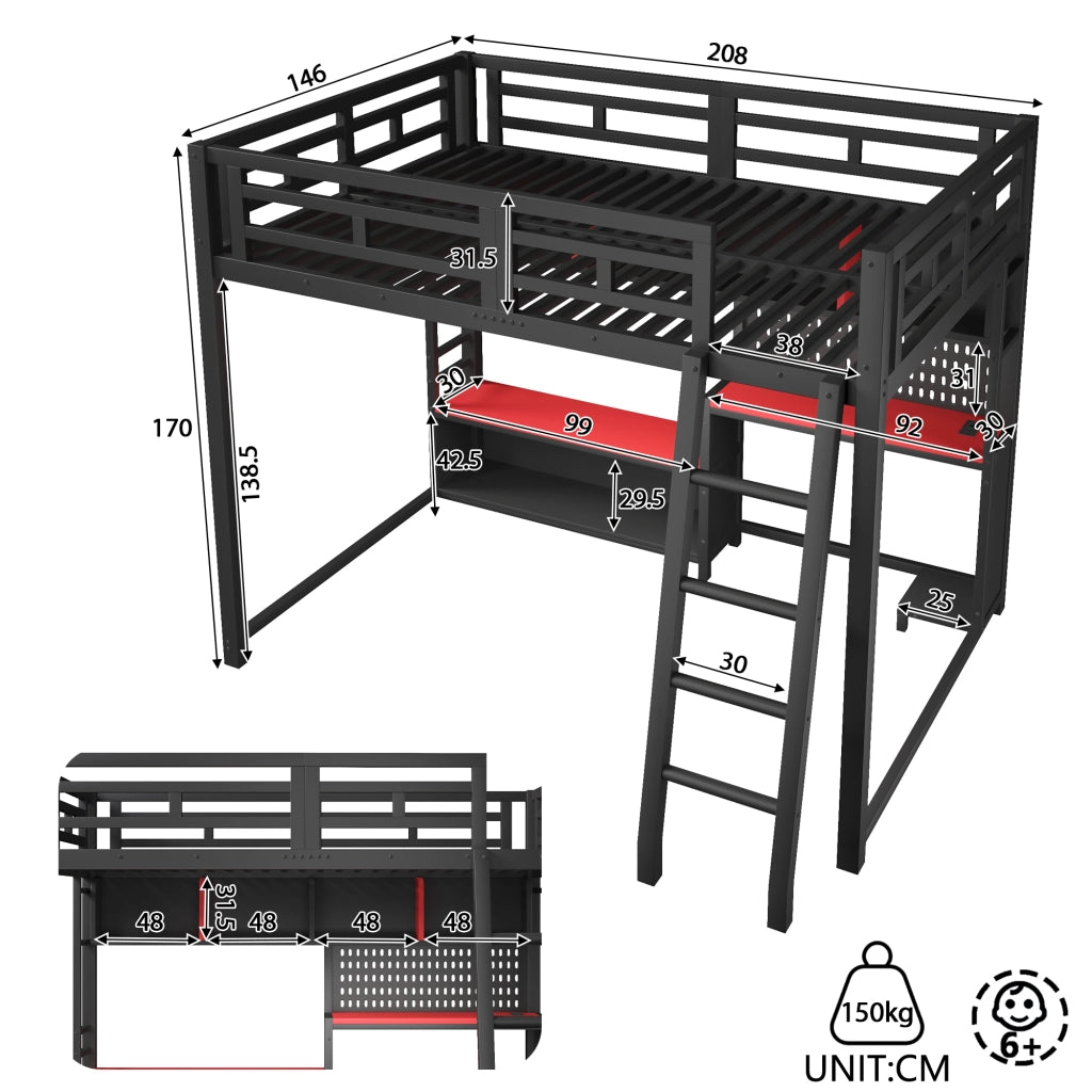 Letto a soppalco 140 × 200 cm con scrivania LED RGB e ripiani in metallo e MDF nero per camera dei ragazzi