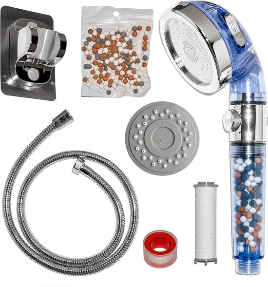 Douchekop con filtro e stoncino con tre tipi di uscita con pulsante a/b con tecnologia di filtraggio a tre strati con pietra minerale blu classe energetica A+++