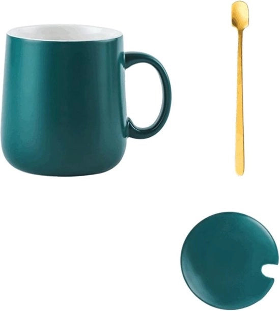 Set di tazza ceramica opaca con cucchiaio e coperchio - Set per caffè, tè e cappuccino - Disponibile in 4 colori
