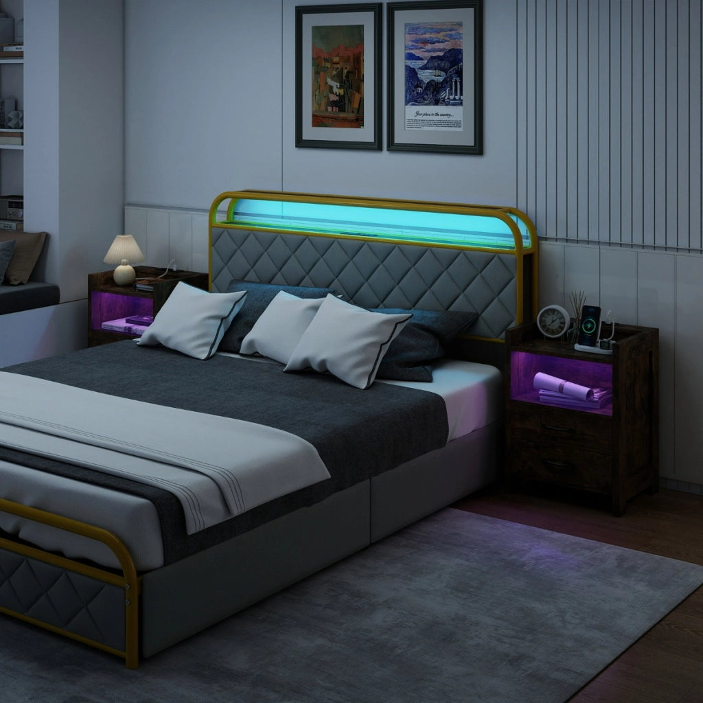 Tavolino moderno per divano per soggiorno e camera da letto, Comodino con luci LED e prese di corrente Marrone-Comodini