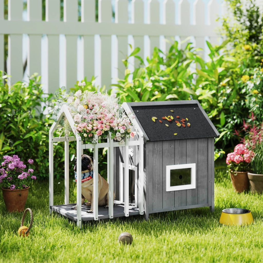 Casetta per cani esterno in legno con terrazza e porta a lamelle ¨C zephmum ¨C 106x62.5x80.5 cm grigio