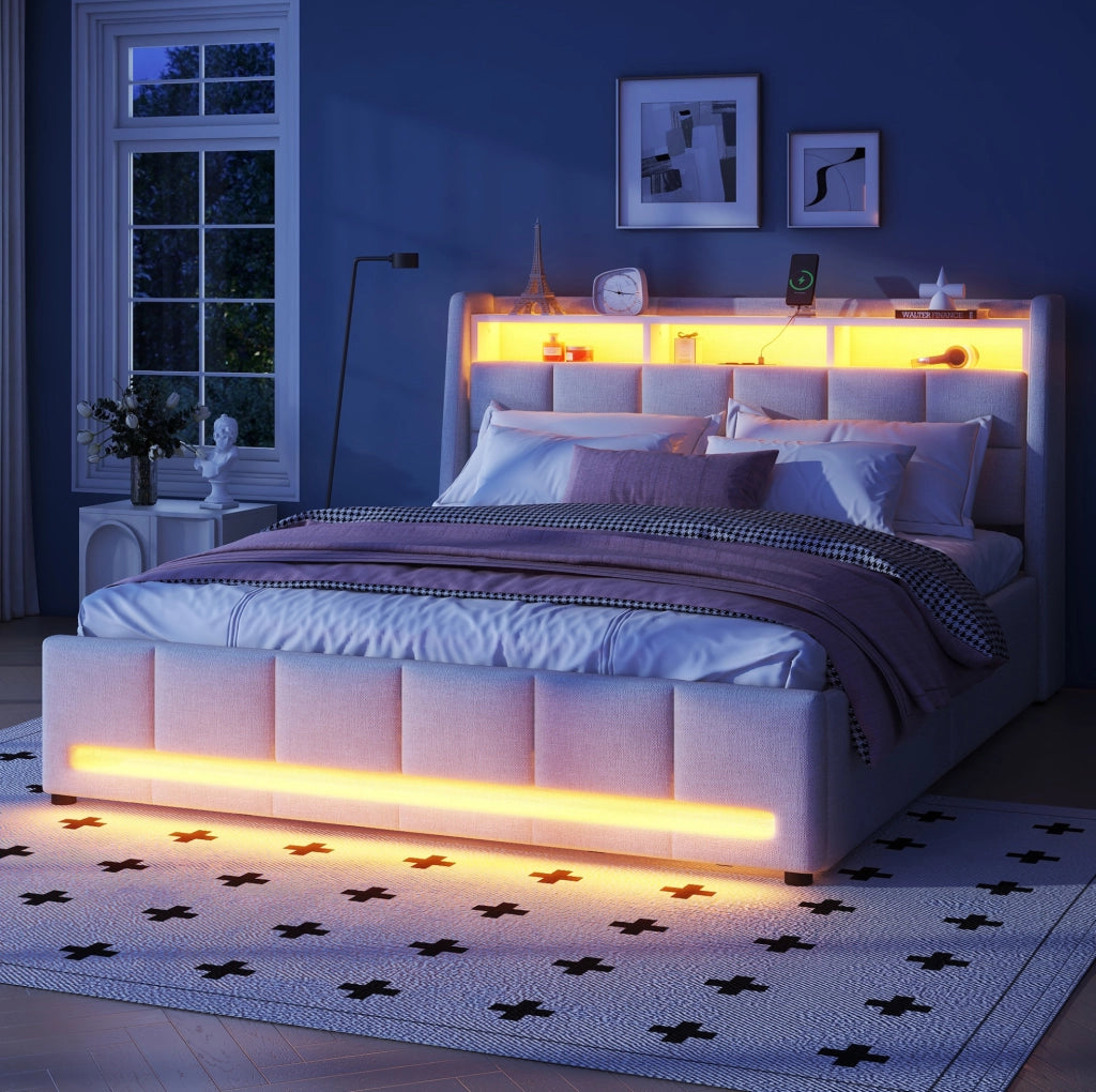 Letto imbottito 140 x 200 cm con luce LED, USB e cassetti