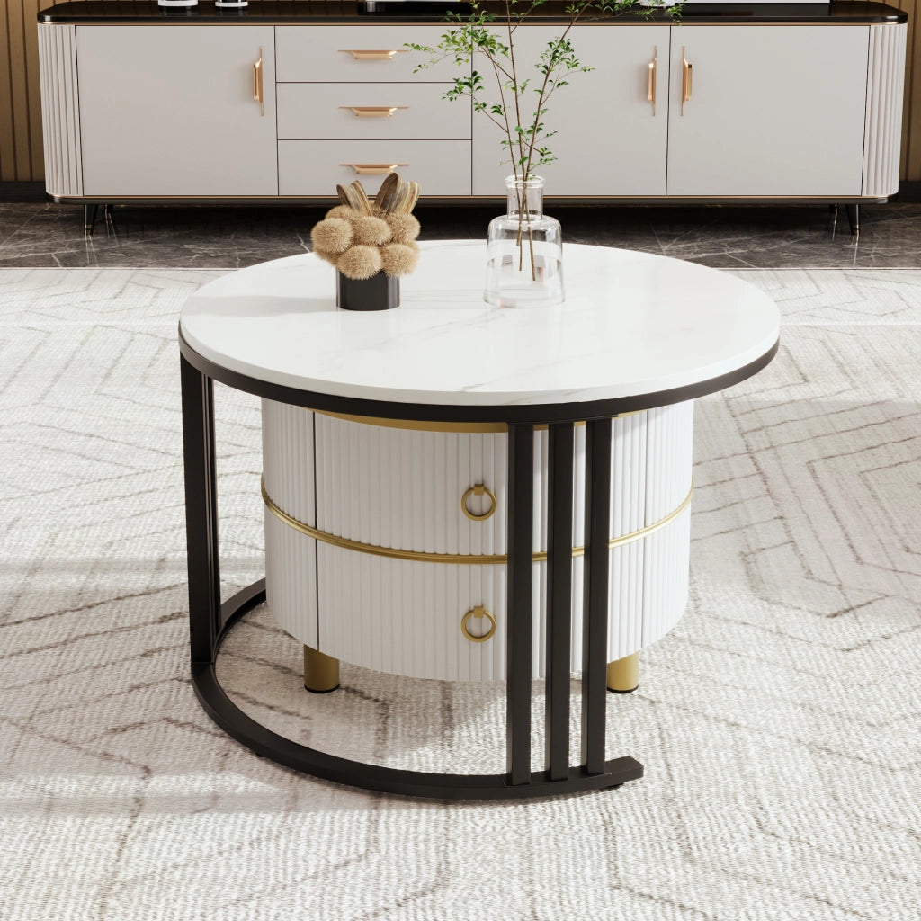 Tavolino da Caff¨¨ Rotondo MDF Set 2 Pezzi con Cassetti ¨C MINIMAL ¨C Bianco Marmo, 70x70x46 + 50x50x40 cm