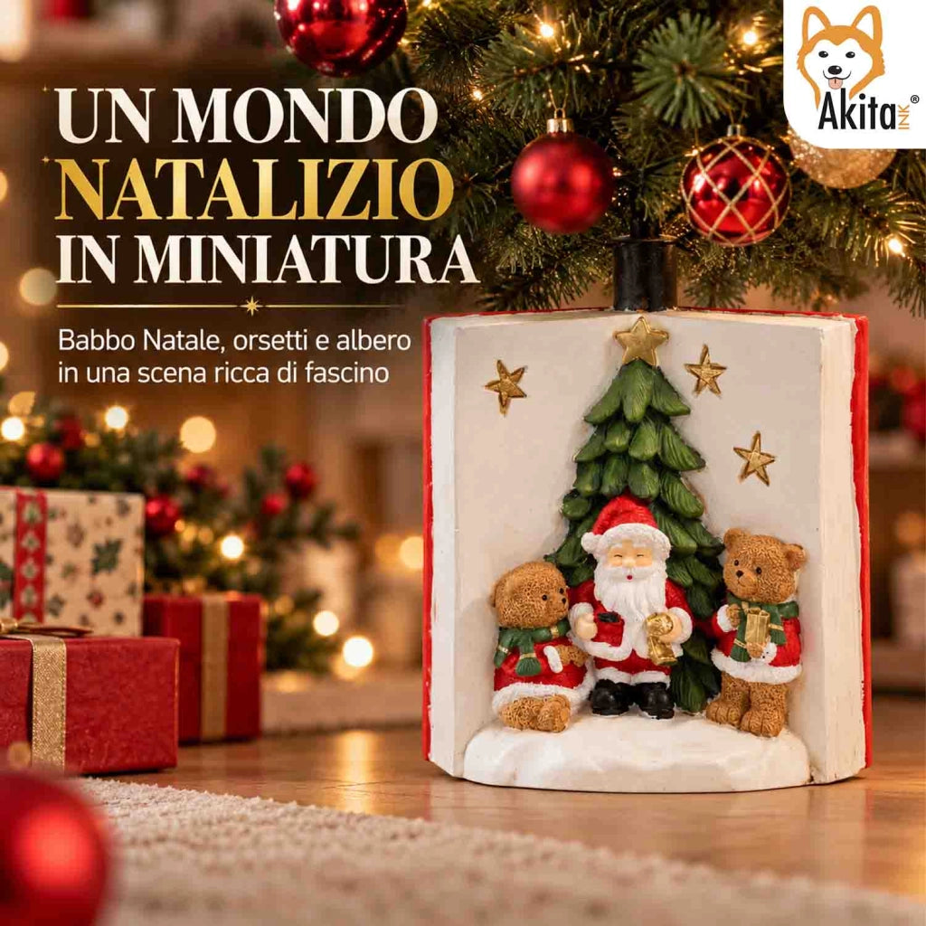 Akitaink Base Albero Libro Babbo Natale Orsetti Resina 37 cm