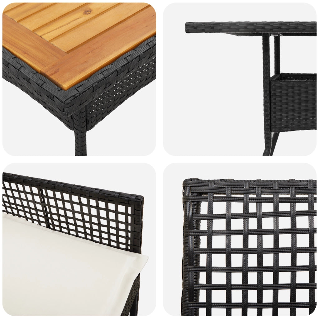 Set da Pranzo da Giardino 3 Pezzi con Cuscini Nero Polyrattan