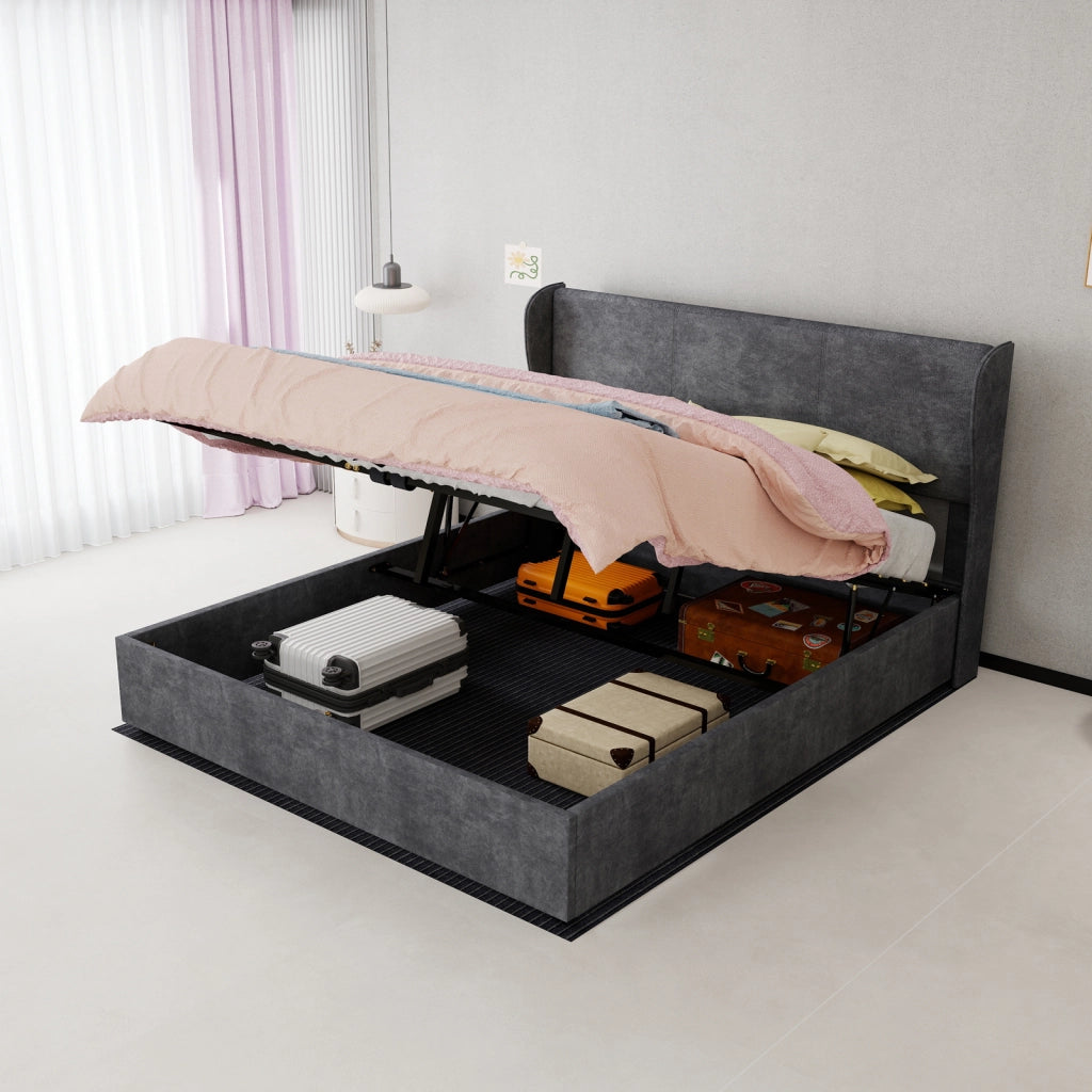 Letto Matrimoniale 160x200 cm; Testiera Imbottita; in Tessuto e Metallo; Grigio