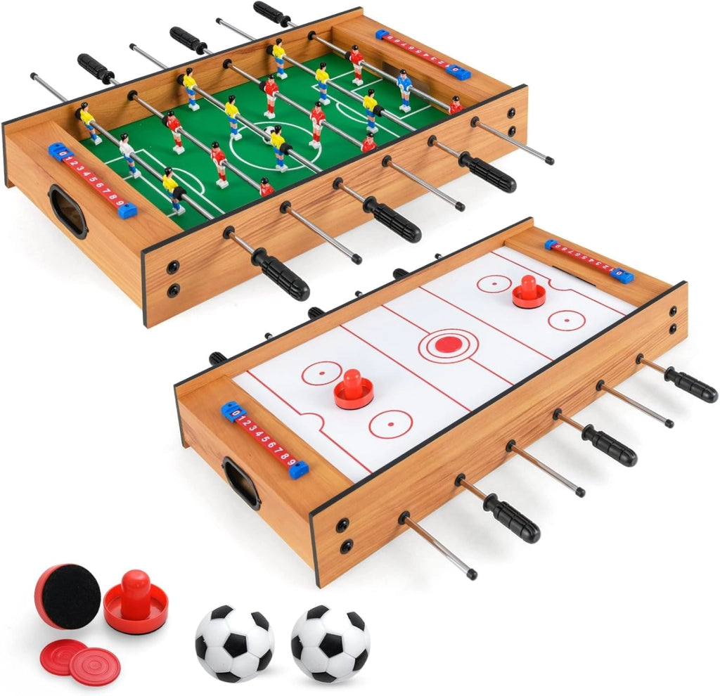 2 in 1 Calcio Balilla in Legno, Calcetto da Tavolo e Hockey da Tavolo con 6 Aste, con 2 Segnapunti, Biliardino per Bambini e Adulti da Casa, 69 x 36 x 10 cm