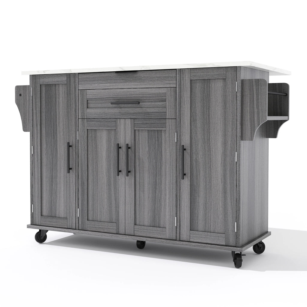 Isola da Cucina Mobile 136x45/70x92 cm Grigia e Legno con Piano Ribaltabile, Cassetti e 5 Ruote