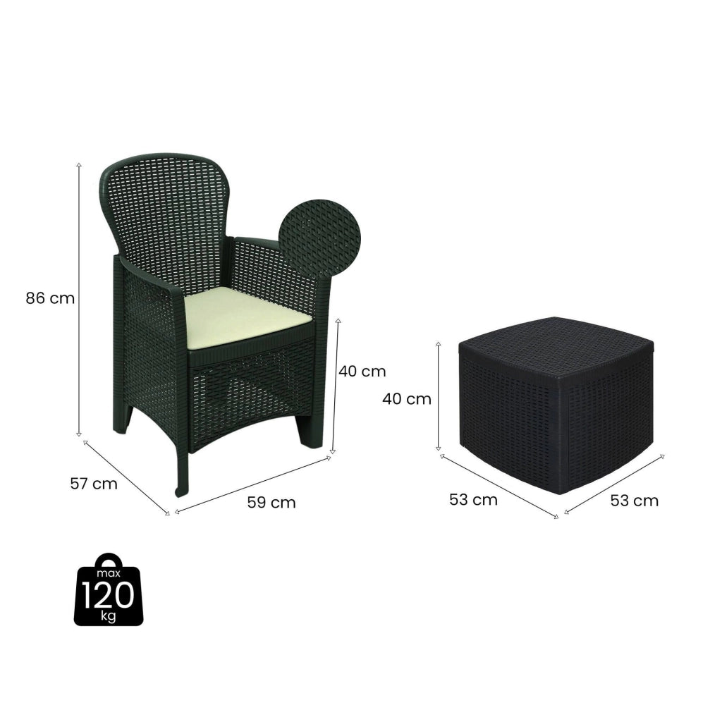 Set salotto da esterno Dakain, Set da giardino con cuscini composto da 2 poltrone, 1 divano e 1 tavolino, Salottino indoor effetto rattan, 100% Made in Italy, Cm 60x58h89, Antracite