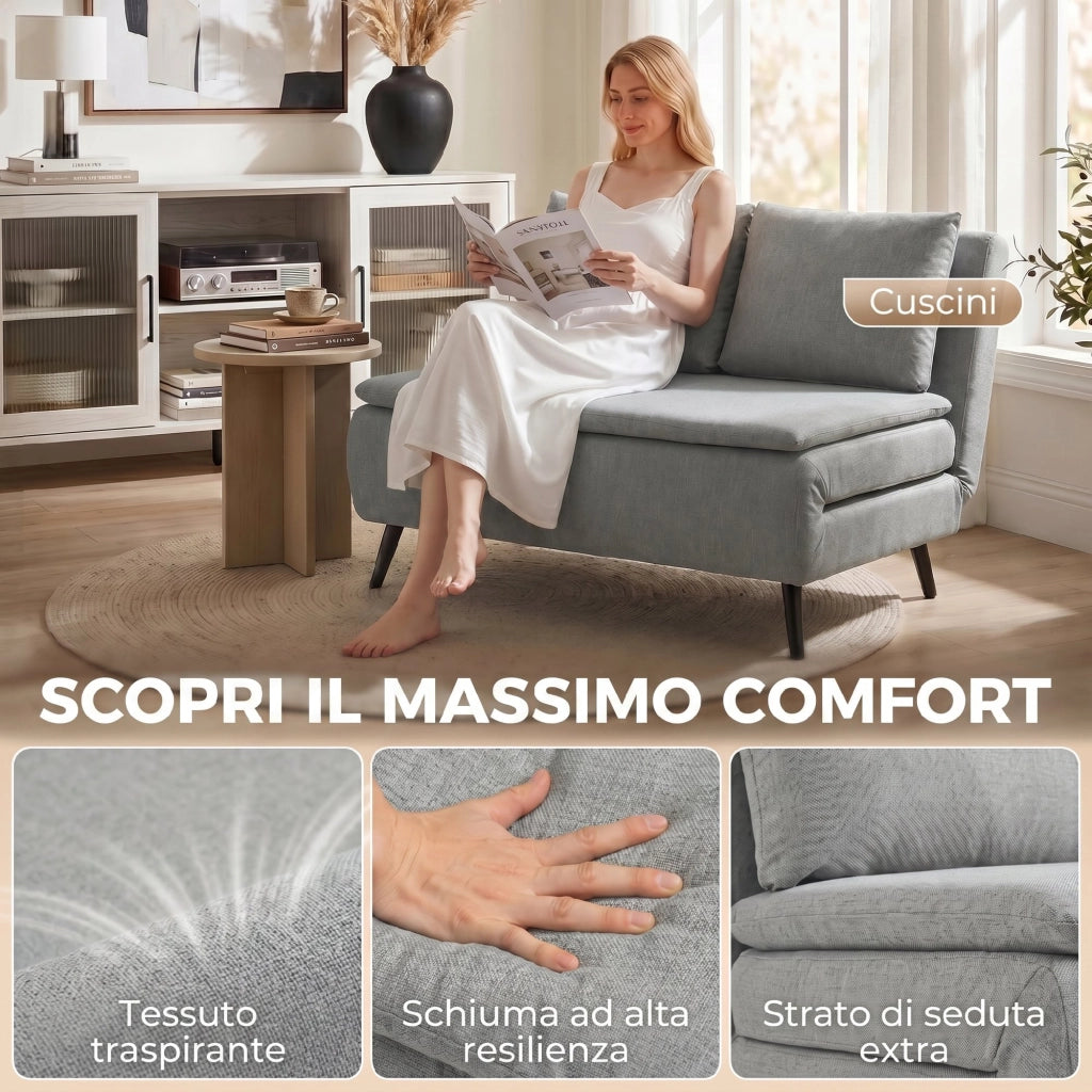 Divano Letto 2 Posti 135x90x78 cm con 2 Cuscini Struttura in Legno e Acciaio in Tessuto Effetto Lino Grigio Chiaro