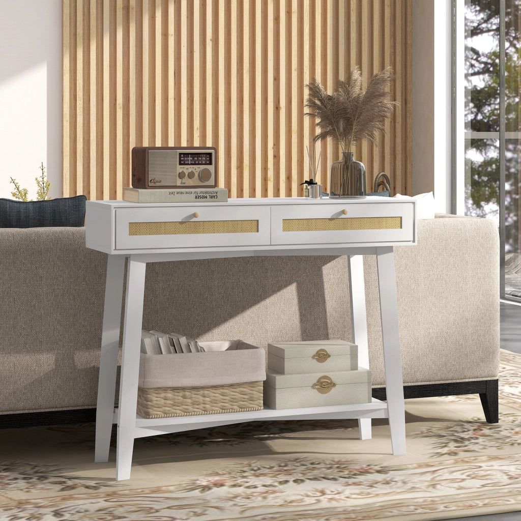 Consolle Ingresso con 2 Cassetti ¨C zephmum ¨C Ratan Bianco 100x30x81