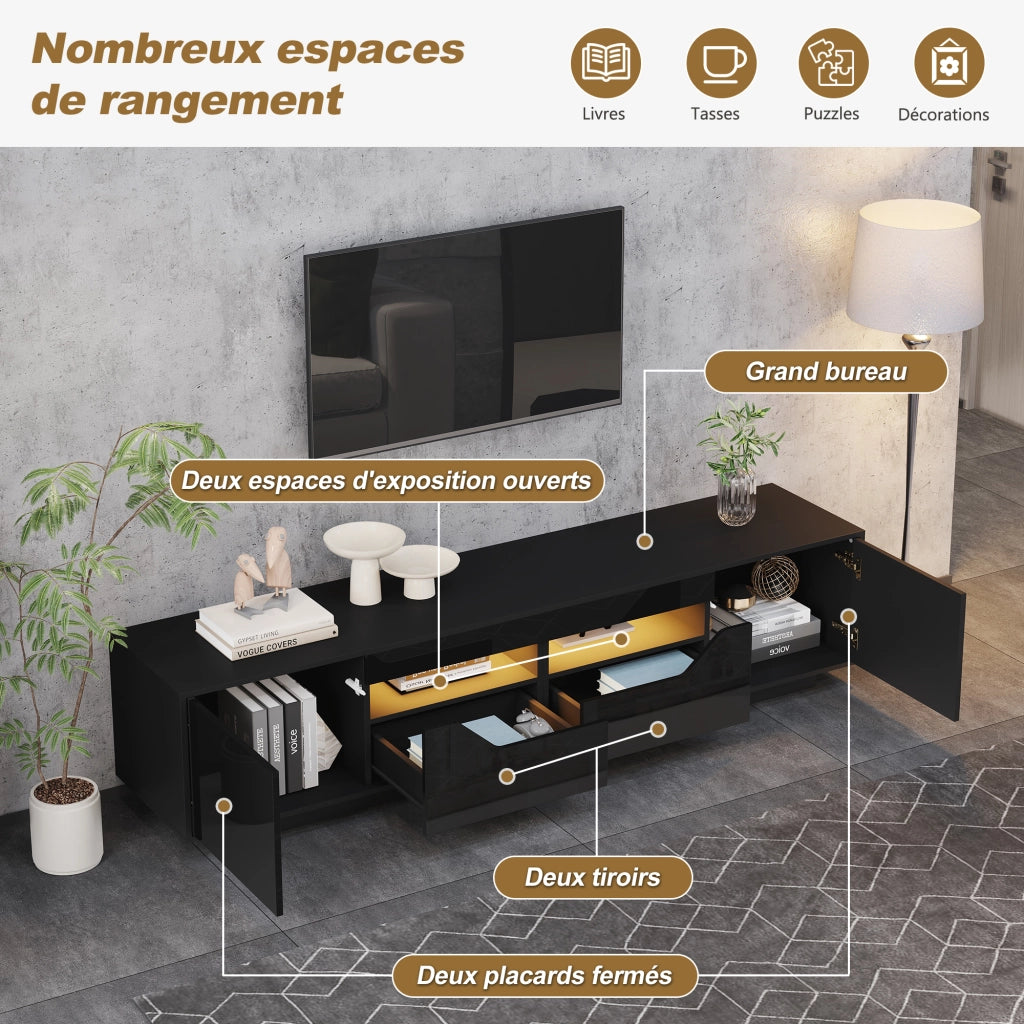 Mobile TV con 2 cassetti; 2 vani aperti e 2 ante; LED controllato da app; per soggiorno; 180 × 40 × 45 cm