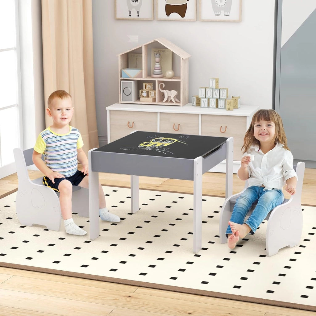 Tavolo e Sedie per Bambini 3 in 1, Tavolino con Lavagna Rimovibile e Archiviazione, per Cameretta (Bianco e Grigio)
