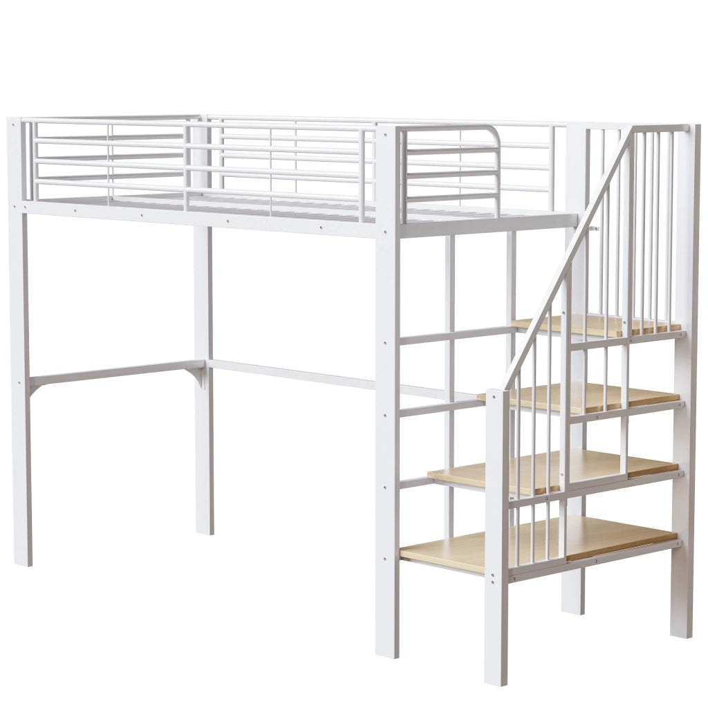 Letto a soppalco in metallo con scala e contenitore, 90x200 cm