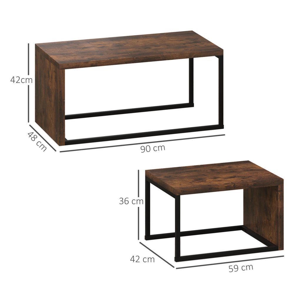 Set di 2 tavolini da caffè marrone rustico e nero in MDF e metallo