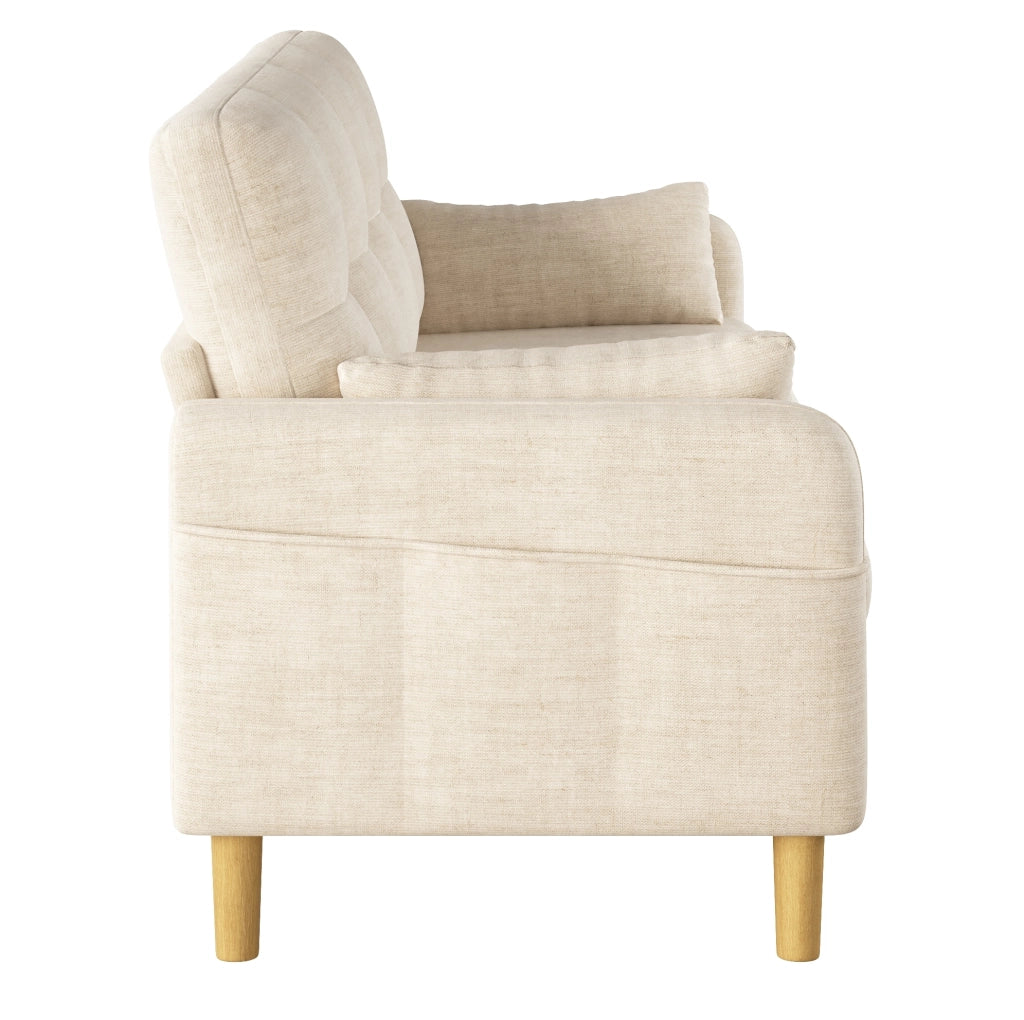 Divano 2 posti in ciniglia beige con cuscini e tasca laterale
