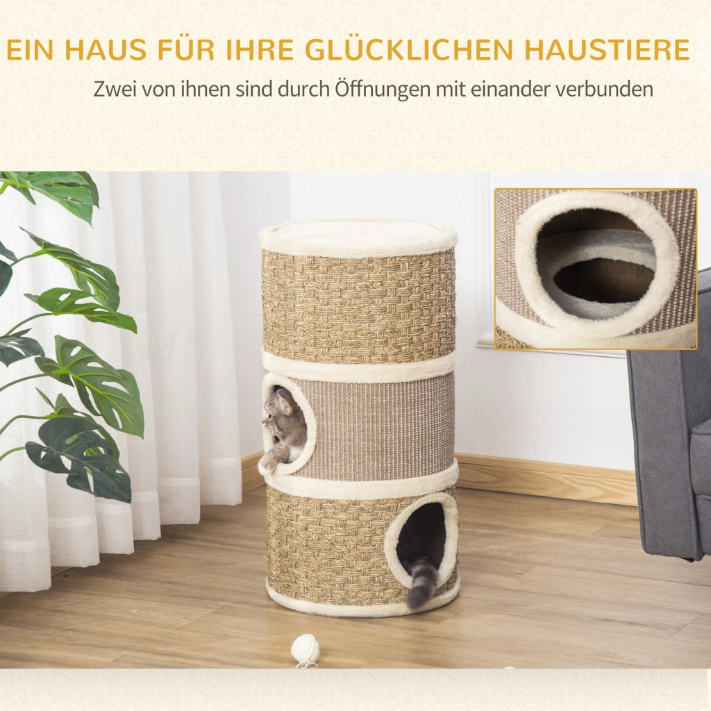 Tiragraffi a torre per gatti 70 cm - Xylo - 3 piani sisal e peluche color kaki e caff¨¨