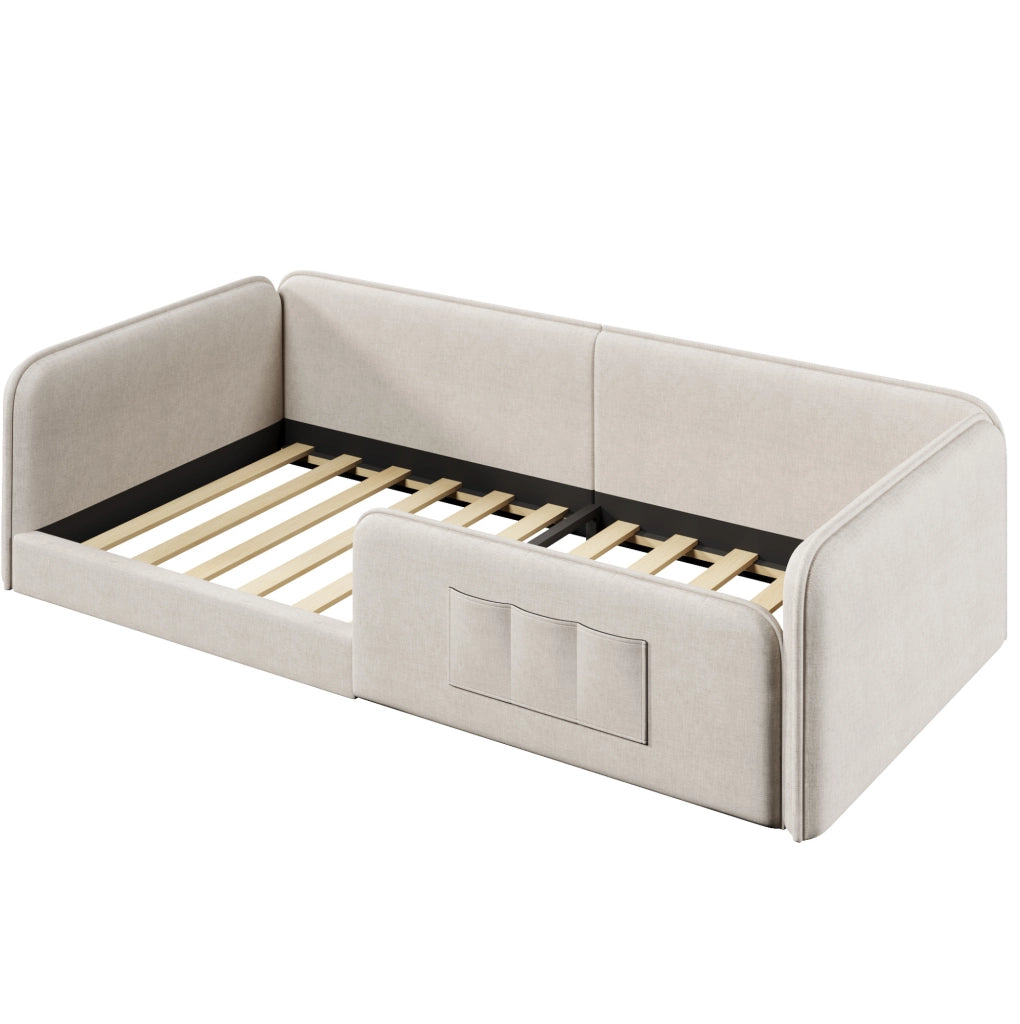 Letto a piattaforma 90x200 cm con tasche portaoggetti e struttura imbottita in lino beige