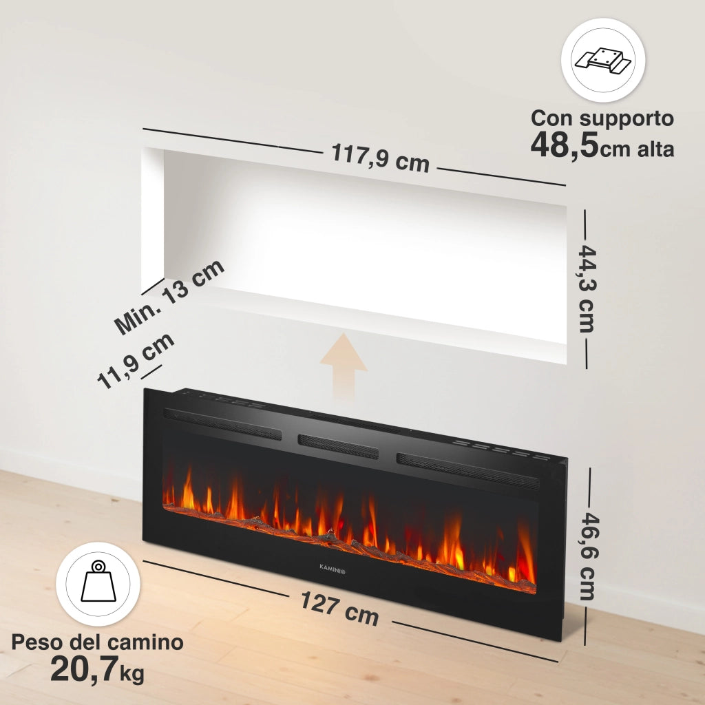 KAMINIO Camino elettrico MARLON - Camino elettrico 3 in 1 con riscaldatore, effetto fiamma 3D, 12 colori di fiamma, telecomando - 50 pollici