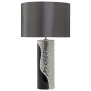 Lampada da tavolo Lampada da comodino con paralume a tamburo in finta seta color argento con base a colonna in ceramica