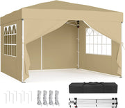 SONGMICS Gazebo, Tendone Pieghevole, Protezione Solare, Resistente alla Pioggia Leggera, Portatile, con Pareti Laterali, per Cortile, Giardino, Mercato, 3 x 3 m, Beige GCT104LZ01