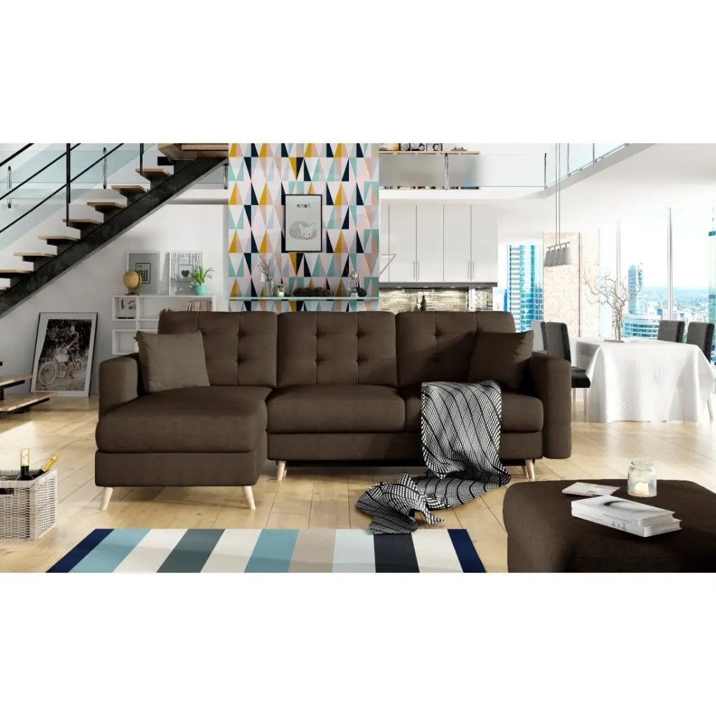 Divano angolare convertibile HASGARD 3 posti marrone 248x162 cm – cassapanca e piedi in legno